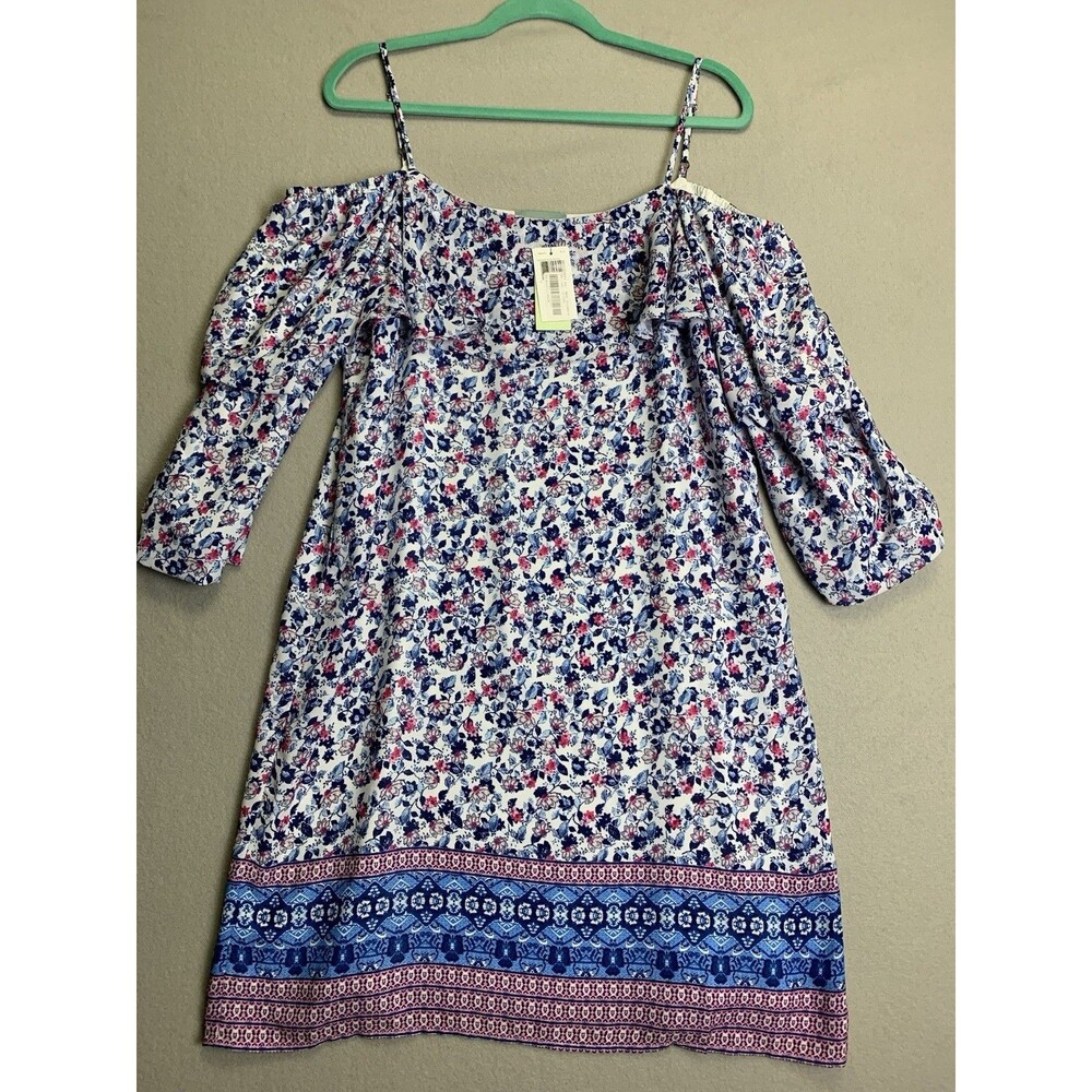 Skies Are Blue Dress Womans L Multicolor Floral Ruched Off Shoulder